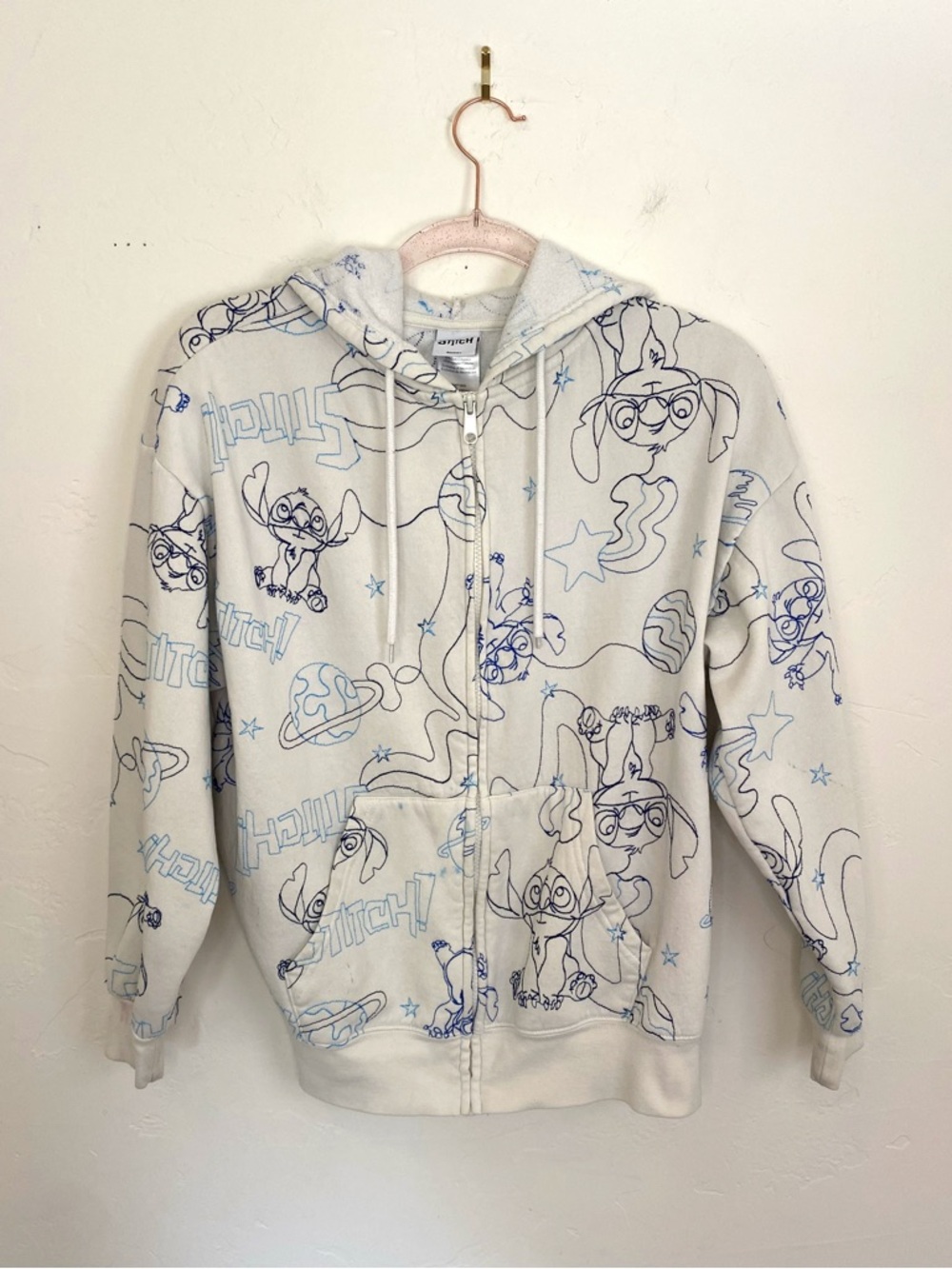 Disney Stitch Hoodie Big Kid's L White Embroidered Blue Lilo Stitch Sweatshirt